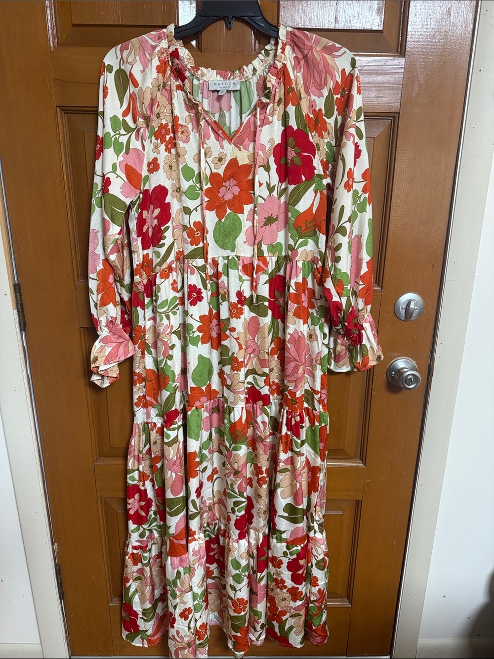 Floral Tiered Midi Dress - Pink, Red & Green with a small coffee stain
